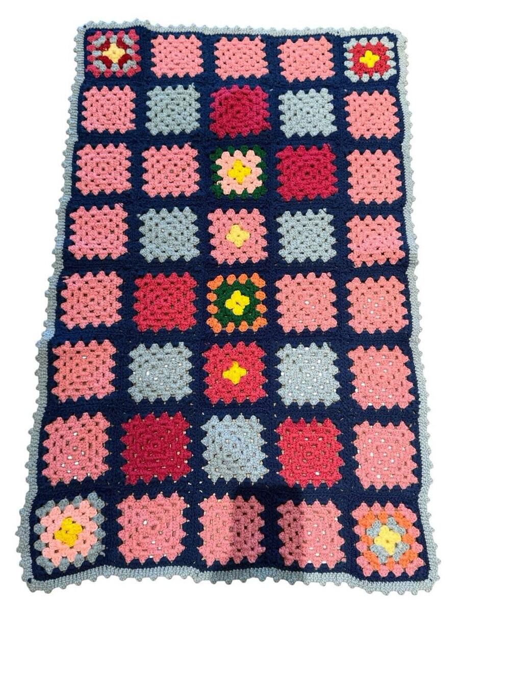 Afghan Lap Throw Granny Square 26” X 42” Crocheted Handmade
